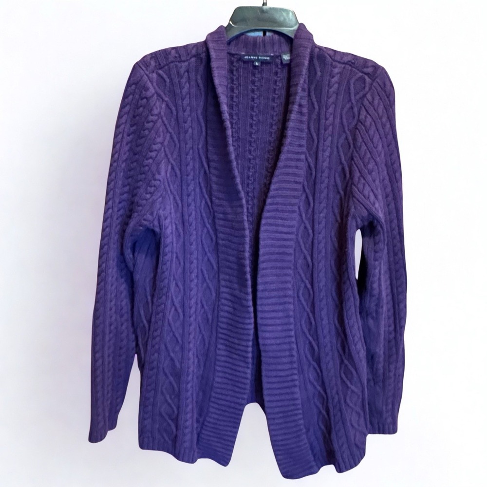 Jeanne Pierre Cable Knit Cardigan Purple Open‎ Chunky Classy Sweater L Soft Cozy